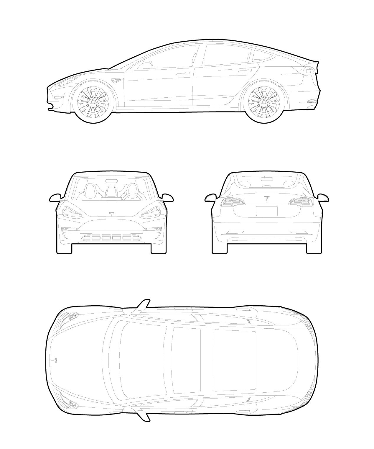 Drawing of a Tesla model 3 cad cars