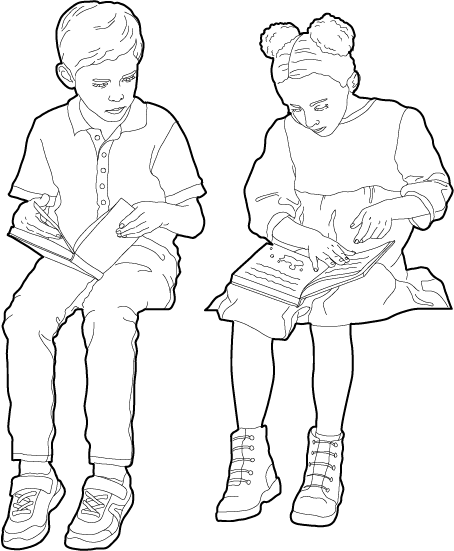 Girl and a boy sitting beside each other reading books dwg cad
