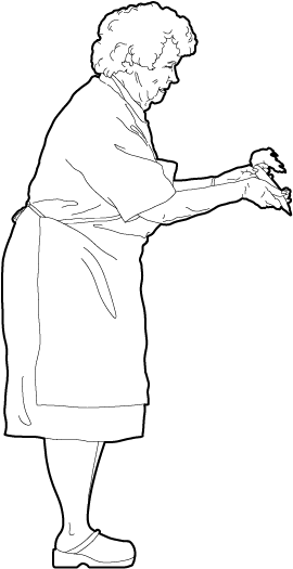 Old woman standing peeling a carrot drawing