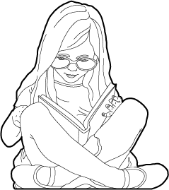 Young girl with glasses sitting on the floor reading drawing